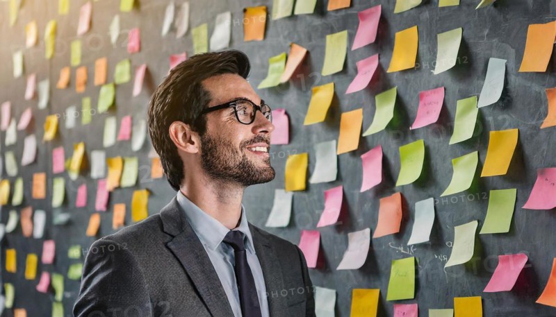 A smiling businessman looks thoughtfully at post-it notes on a wall, symbolising bureaucracy, AI generated, AI generated