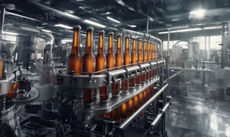 Beer production at the factory, conveyor belt with bottles of beer, AI generated
