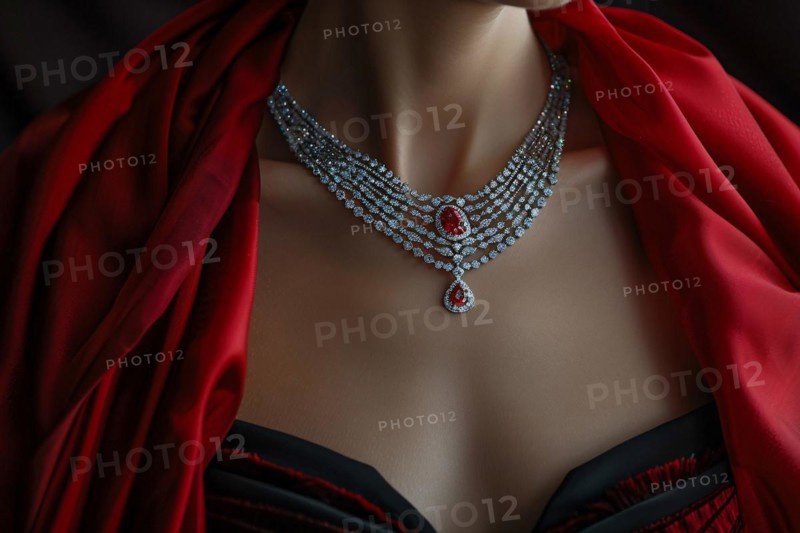 A detailed silver necklace displayed on a mannequin draped in red fabric, AI generated