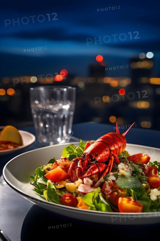 Gourmet lobster salad on a rooftop restaurant table city skyline backdrop, AI generated