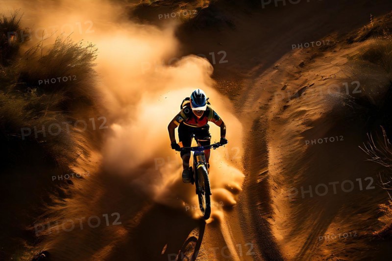 Mountain biker silhouette setting sun backdrop trail of dust rugged path, AI generated