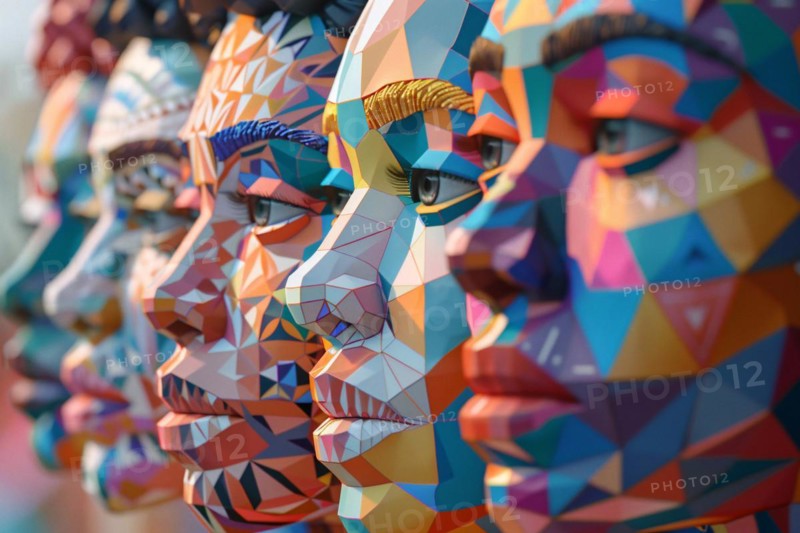 Vibrant, colorful geometric mosaic of abstract faces in profile view, illustration, AI generated
