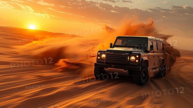An off-road vehicle racing in the desert, trailing a cloud of dust at sunset, AI generated