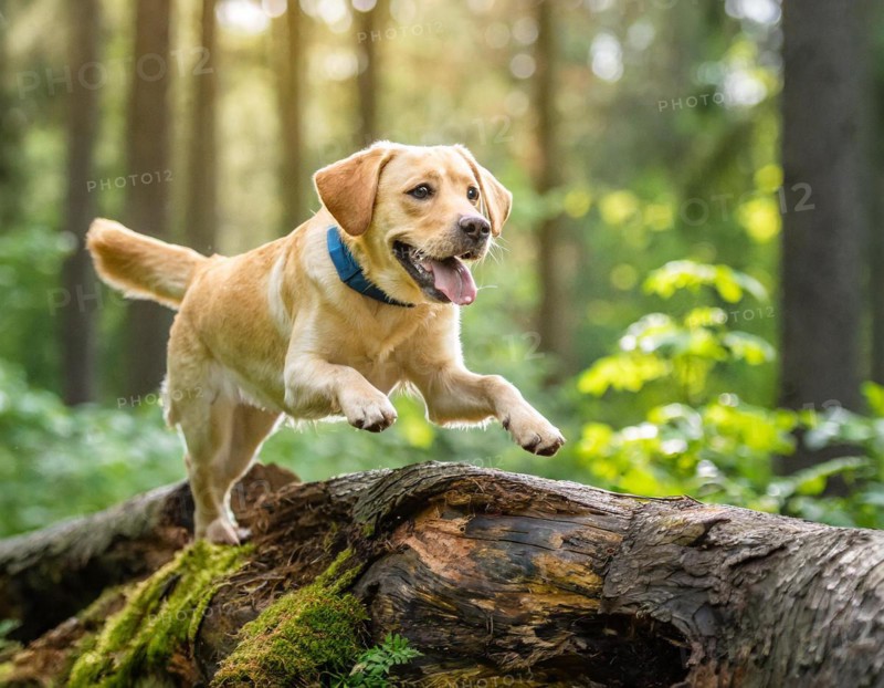 Dog, young Labrador running in the forest and jumping over a lying tree trunk, AI generated, AI generated