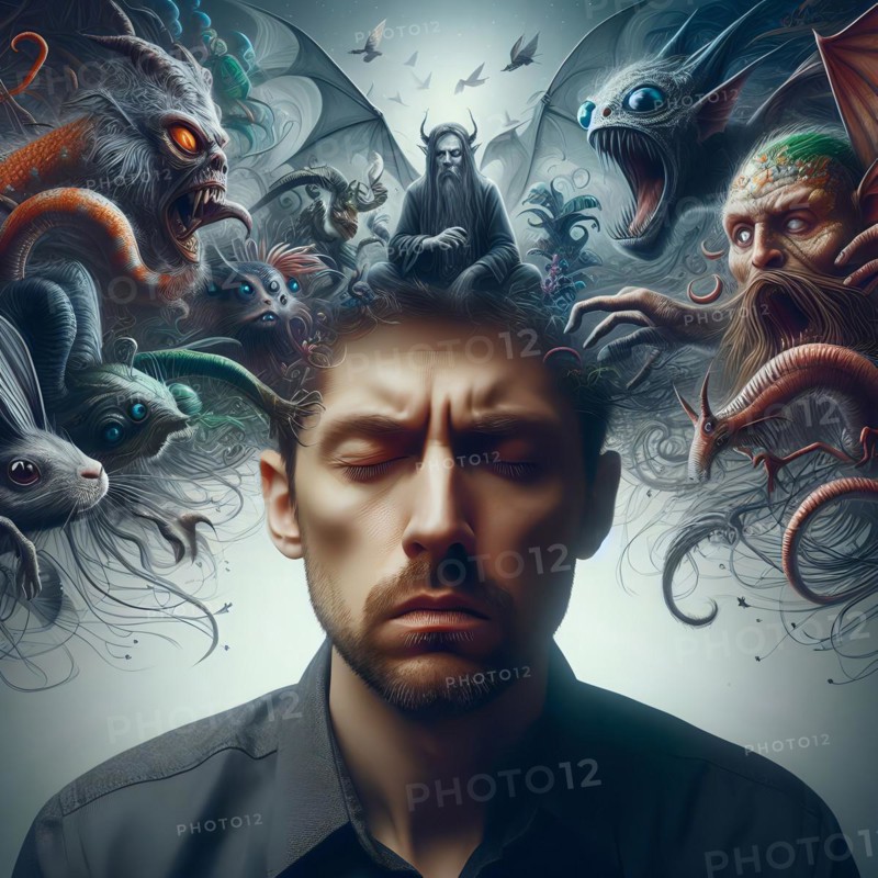 A man has delusions in his head, symbolic image intoxication, narcotic, drug, drug use, fantasies, mythical creature, LSD AI generated, AI generated