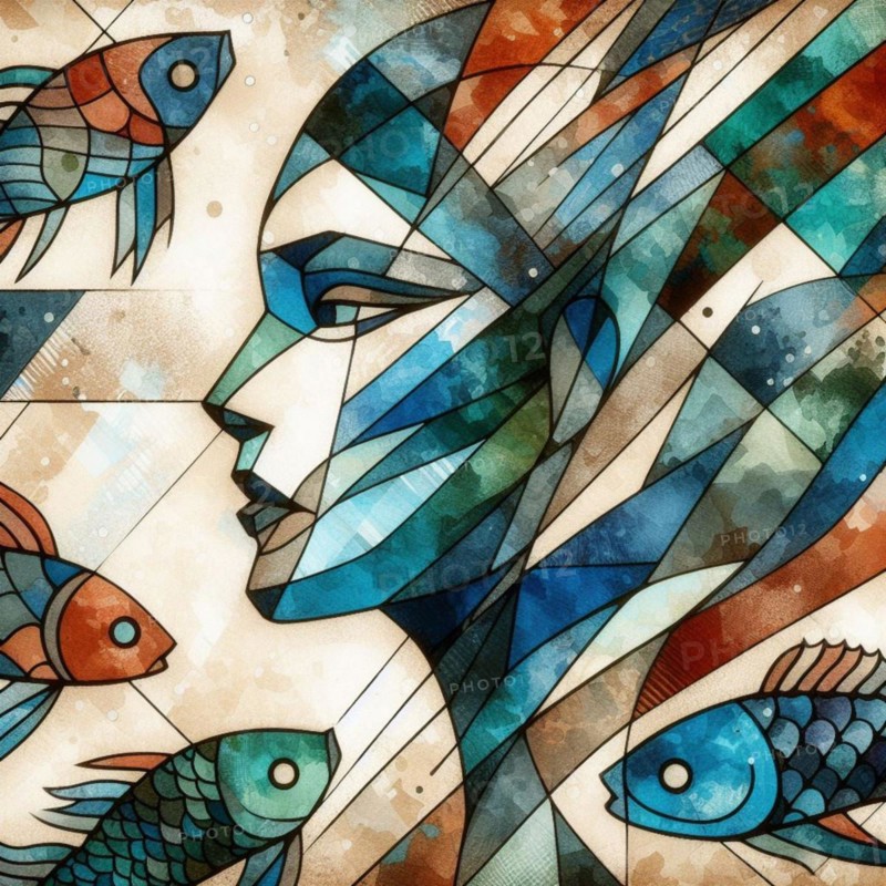 Dynamic abstract of a woman's face with fish, in a geometric style, square aspect, AI generated
