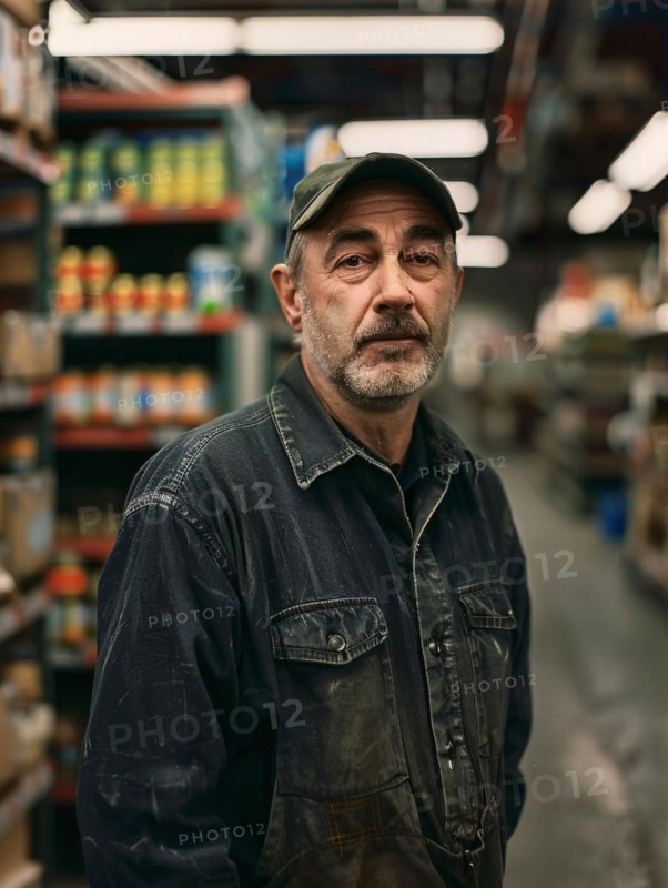 Man in beanie and denim jacket lost in thought at the supermarket, AI generated