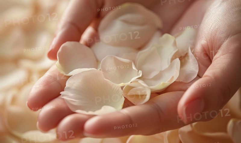 Close-up of a woman's hand with a neutral manicure, adorned with delicate flower petals AI generated