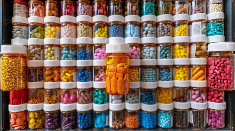 Multicolored pill bottles stacked on shelves, symbolizing health care or a pharmacy, AI generated