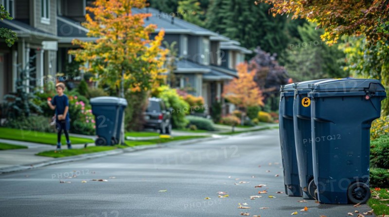 Child walking on a suburban street past a row of garbage bins on an overcast autumn day, waste separation, reduction and recycling concept, AI generated