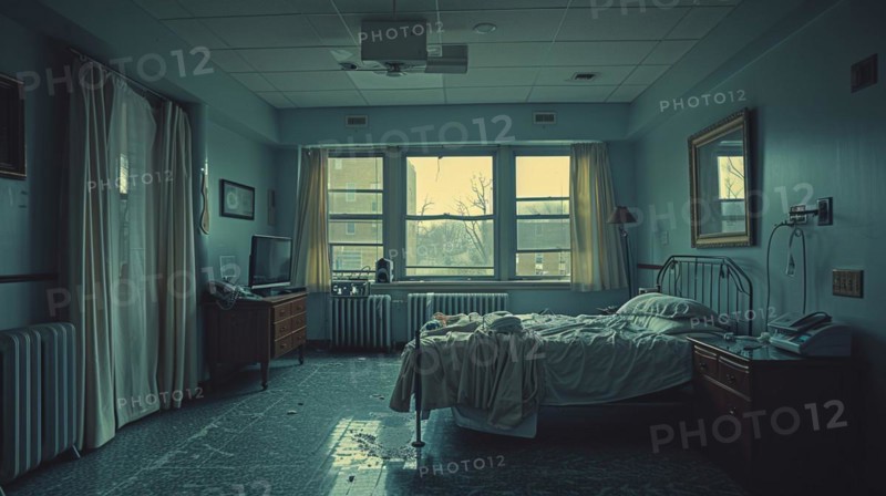 A gloomy and desolate hospital room with an unmade bed and window, creepy mood, AI generated