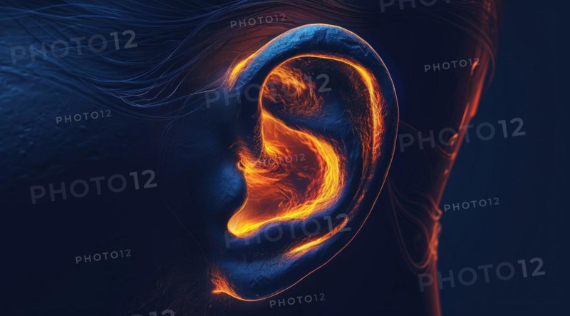 Digital representation of a human ear with glowing orange edges on a blue background, ai generated, AI generated