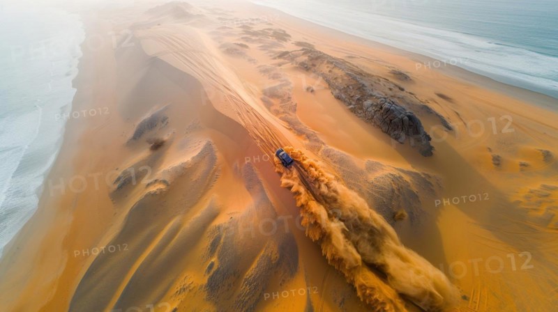 Golden hour lighting up a vehicle trail along the desert dunes, drone aerial shot, follow mode, ai generated, AI generated