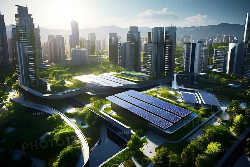 Conceptual futuristic sustainable city replete with green rooftops and integrated solar panels, AI generated