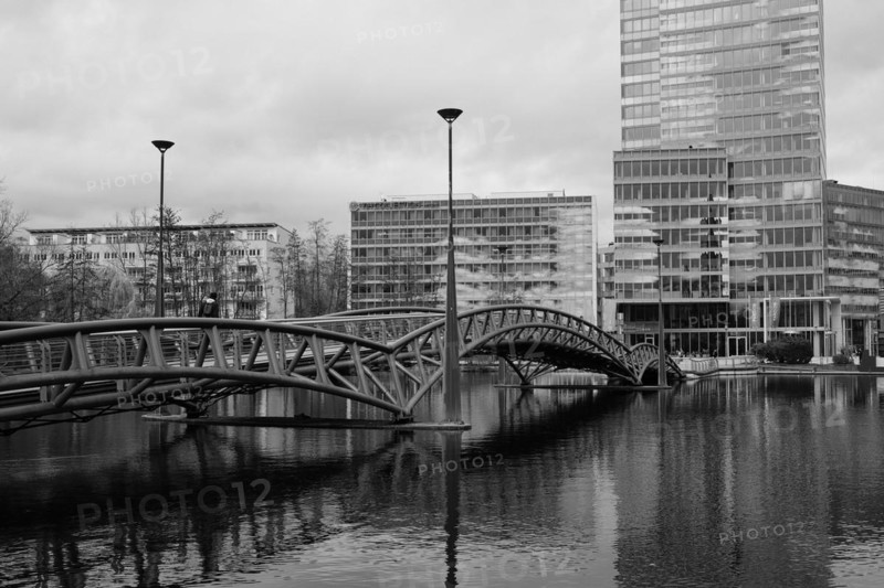 Building and bridge in the Mediapark, black and white, Cologne, Germany, Europe