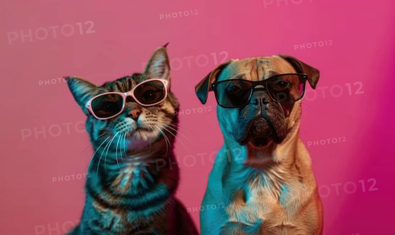 A cat and a dog both wearing sunglasses strike a pose against a pink backdrop AI generated