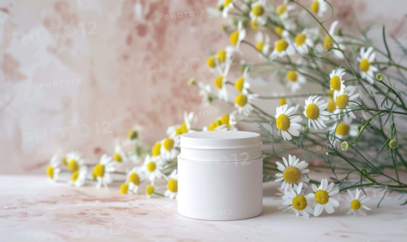 Blank cosmetic jar mockup placed on an elegant watercolor chamomile background, skin care and beauty AI generated