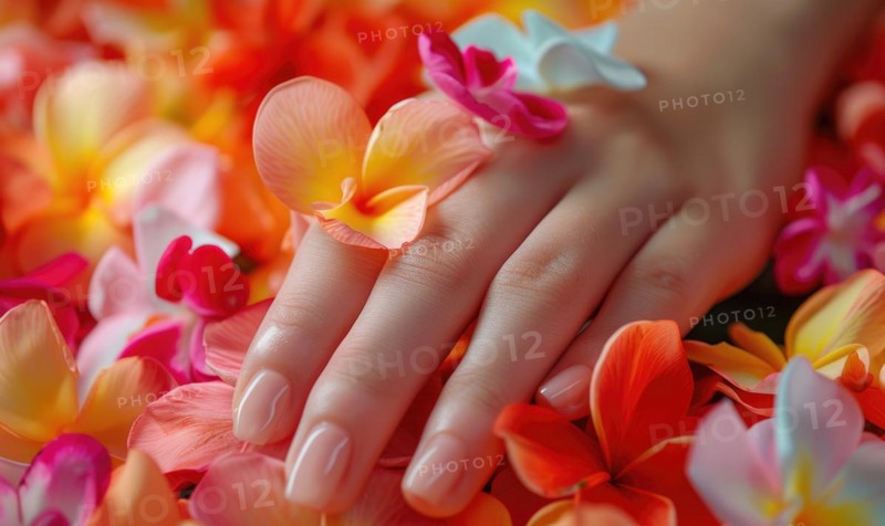 Close-up of a woman's hand holding colorful flower petals AI generated