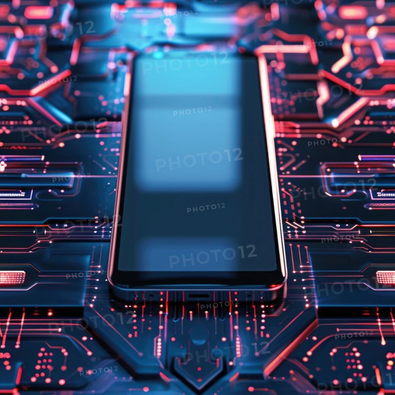 Smartphone mockup with a blank screen on a futuristic technology background AI generated