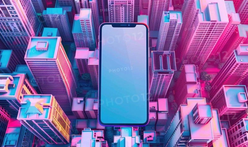 Smartphone mockup with a blank screen on a vibrant cityscape background AI generated