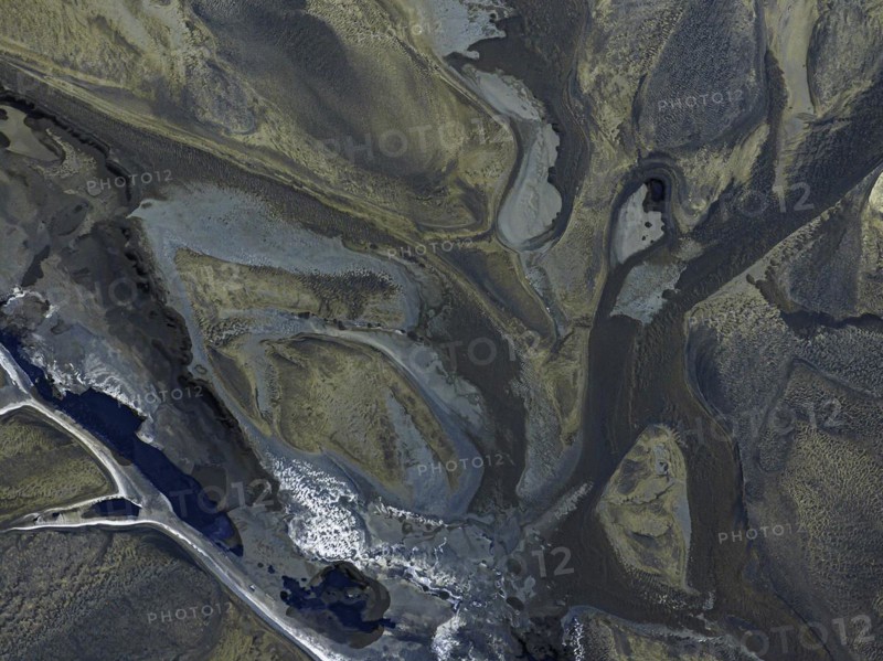 Overgrown river landscape, Eldhraun, near Kirkjubaejarklaustur, drone image, Sudurland, Iceland, Europe
