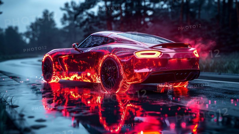 Sports car on a rainy night with glowing brake lights and reflections on a wet road, AI generated