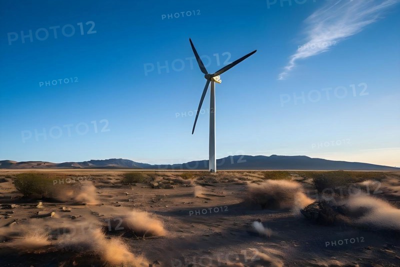 Wind turbine standing idle in a still lifeless desert representing the challenges of transitionion, AI generated