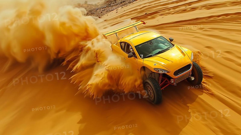 A yellow sports car races through the desert, leaving a trail of sand, ai generated, AI generated