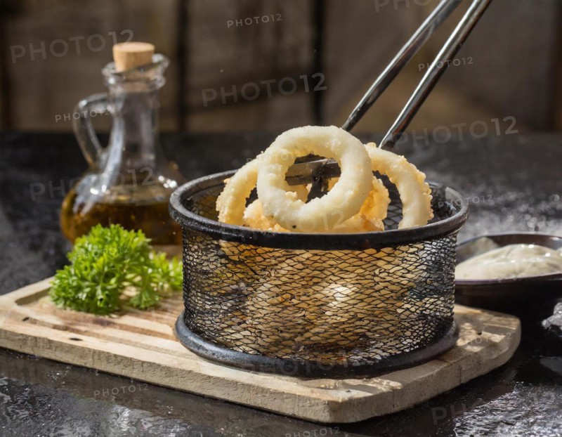 Food, calamari, squid, squid rings from the deep fryer, AI generated, AI generated