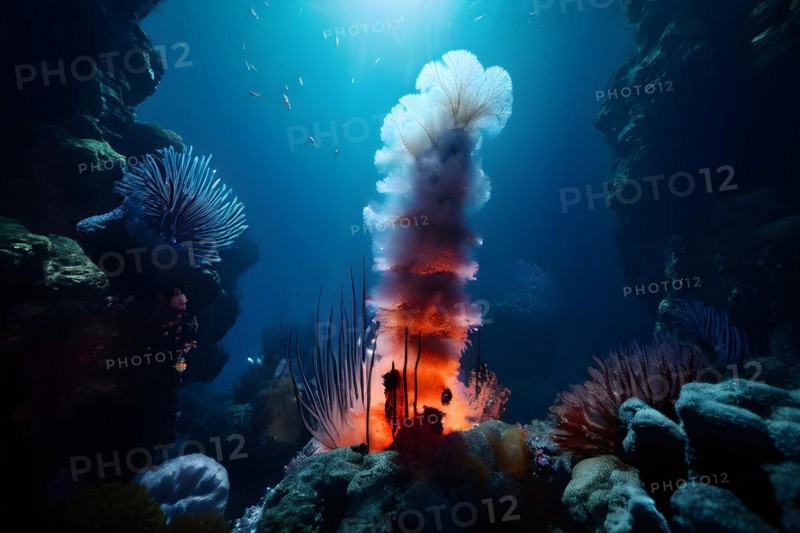 Hydrothermal vent chimney encircled by tube worms in deep ocean habitat, AI generated