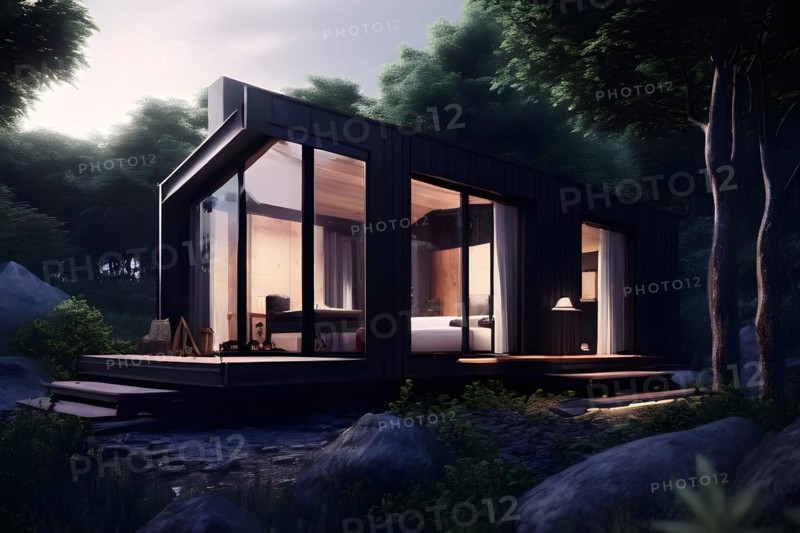 Eco friendly tiny house located centrally embraced by natures tranquility, AI generated