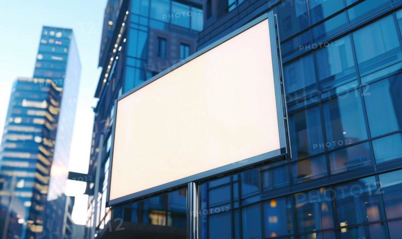 Blank screen banner mockup displayed on the modern building facade. Close Up view AI generated
