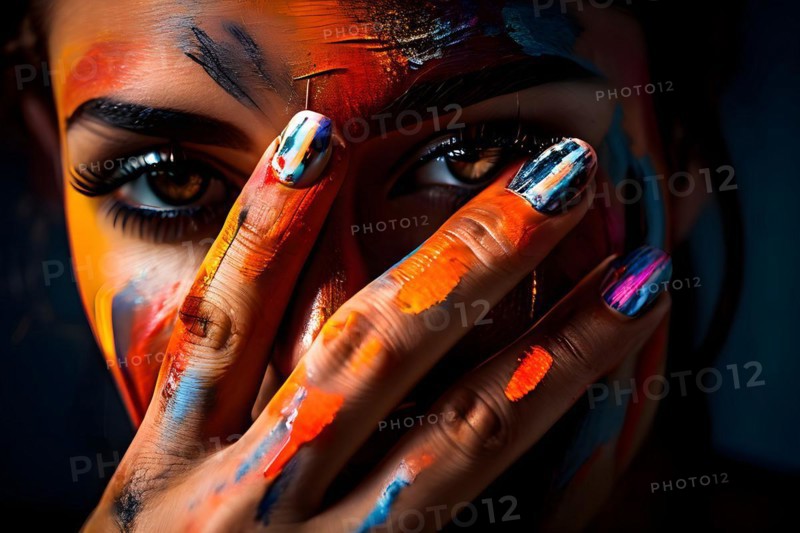 Paint smeared hands featuring imperfect nails and creative streaks on skin, AI generated