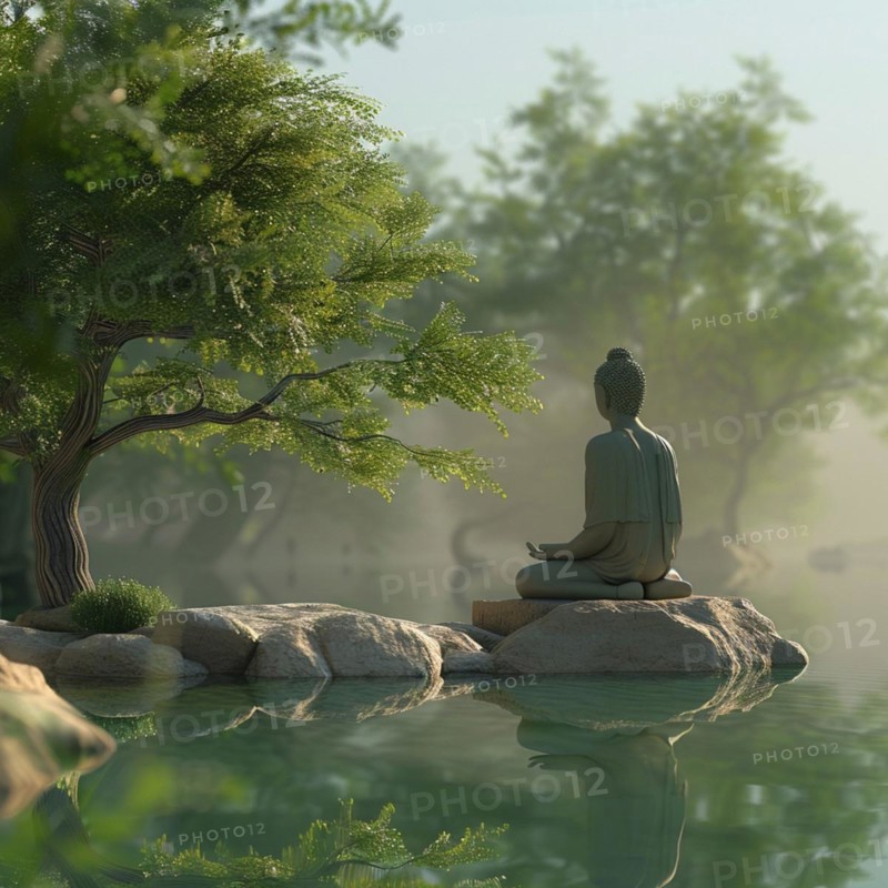 A Buddha statue meditating by a foggy lake under a tree, image depicting relaxation, recreation, serenity, naturalness, meditation, enjoyment concepts, AI generated