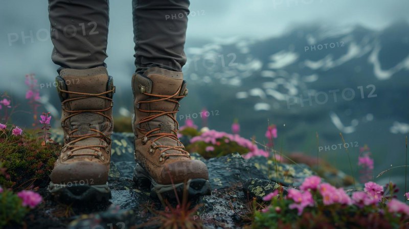 Hiker's feet on a foggy mountain path with pink flowers, early spring, AI generated