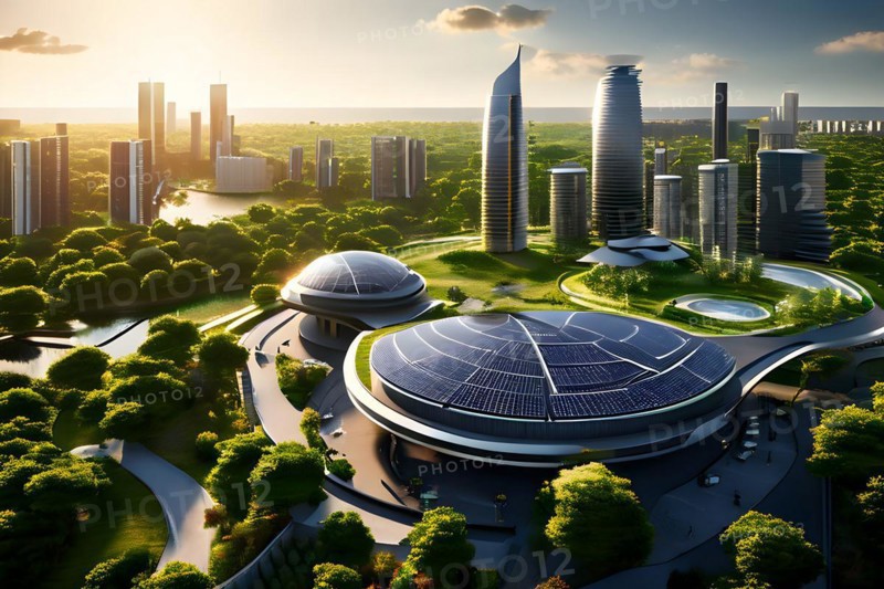 Conceptual futuristic sustainable city replete with green rooftops and integrated solar panels, AI generated