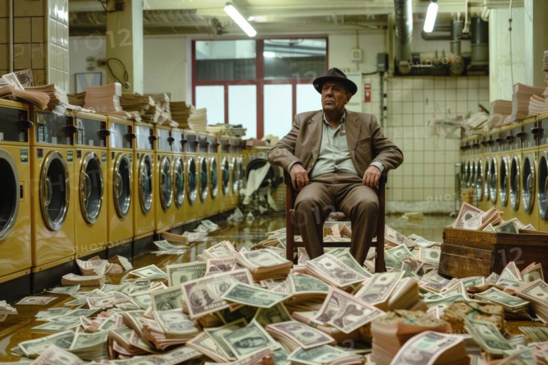 A man in an elegant suit sits relaxed on a chair, surrounded by washing machines and bundles of banknotes, symbolising money laundering, illegally obtained money, AI generated, AI generated, AI generated