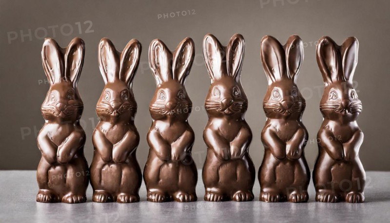Six brown chocolate bunnies lined up in a row, Easter symbol, AI generated, AI generated
