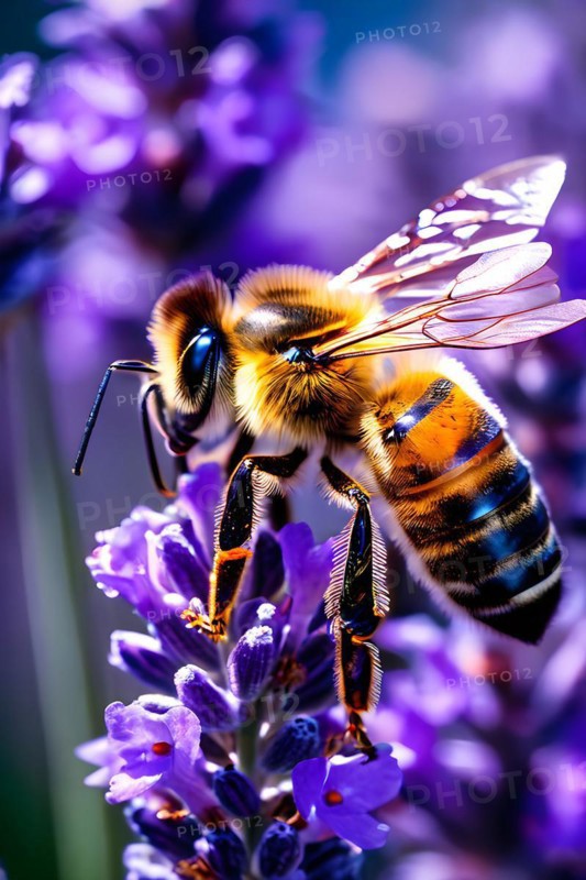 Bee harvesting nectar in a sea of lavender, AI generated