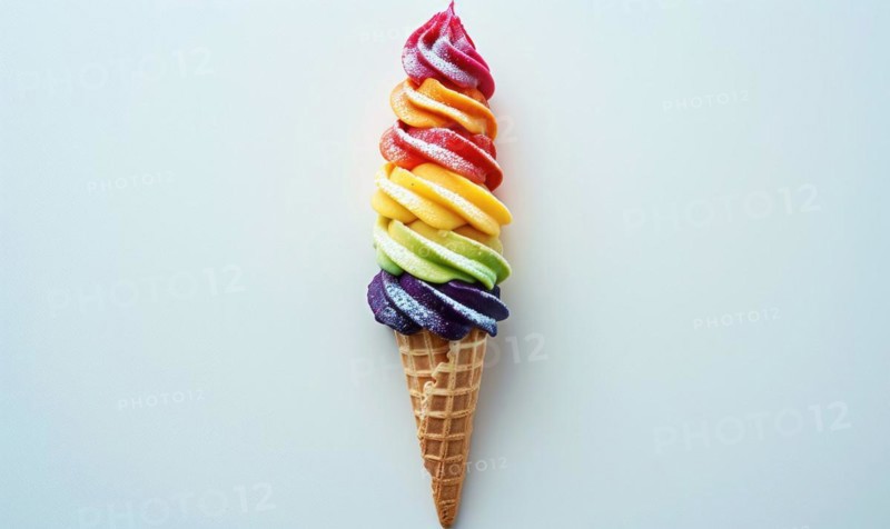 Rainbow-colored ice cream cone on white background AI generated