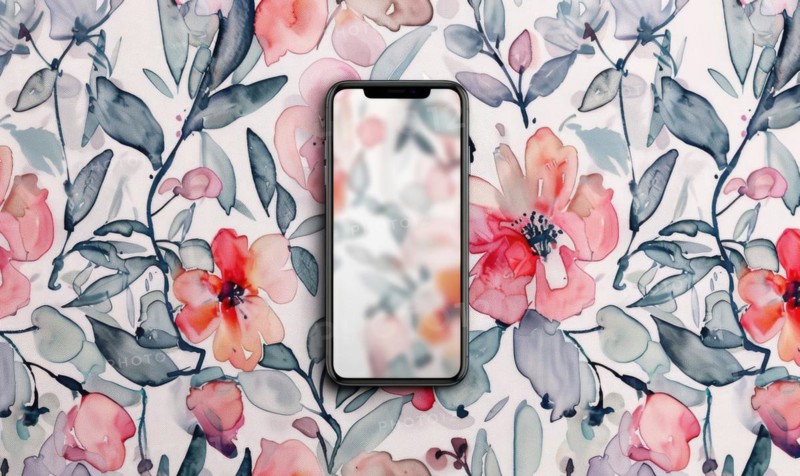 Smartphone mockup on watercolor floral patter AI generated
