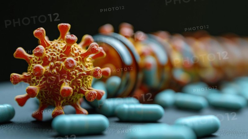 A 3D rendered virus model with pills lined up in the background, AI generated