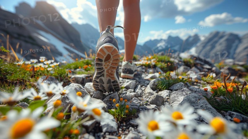 Walking on a wildflower-lined mountain trail with hiking boots in view and a blue sky, AI generated