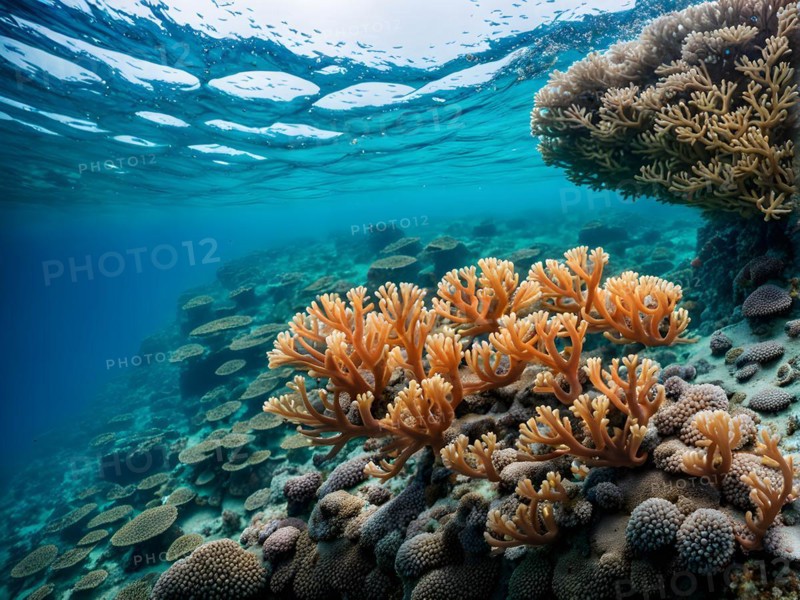 Coral reef juxtaposing patches of bleached coral with vivid marine life, AI generated