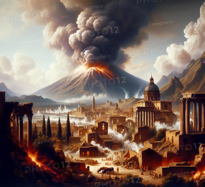 Pompeii during the eruption of the volcano Vesuvius in 79 AD, lava pours into the ancient city, AI generated, AI generated