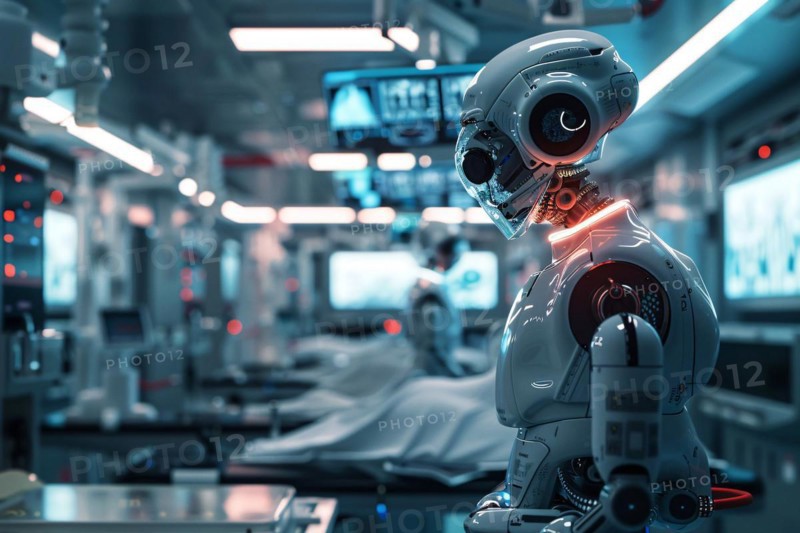 Futuristic robot in a medical facility with advanced technology, AI generated
