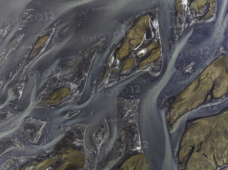 Overgrown river landscape, Eldhraun, near Kirkjubaejarklaustur, drone image, Sudurland, Iceland, Europe