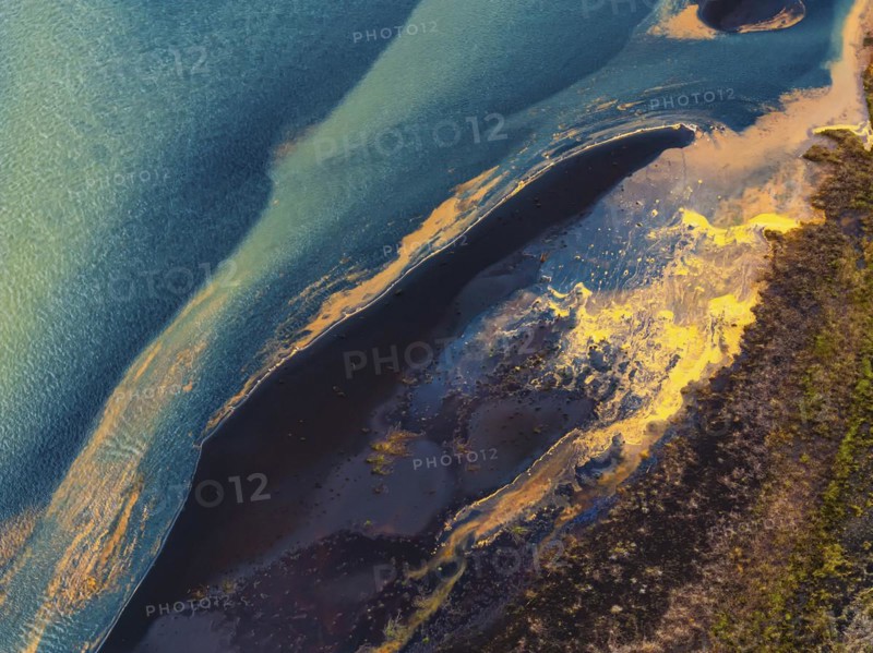 Overgrown mineralised river landscape, drone image, Landeyjasandur, Sudurland, Iceland, Europe