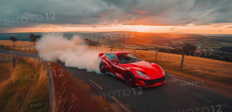 Sports car driving fast on a country road with smoke trailing behind at sunset, AI generated