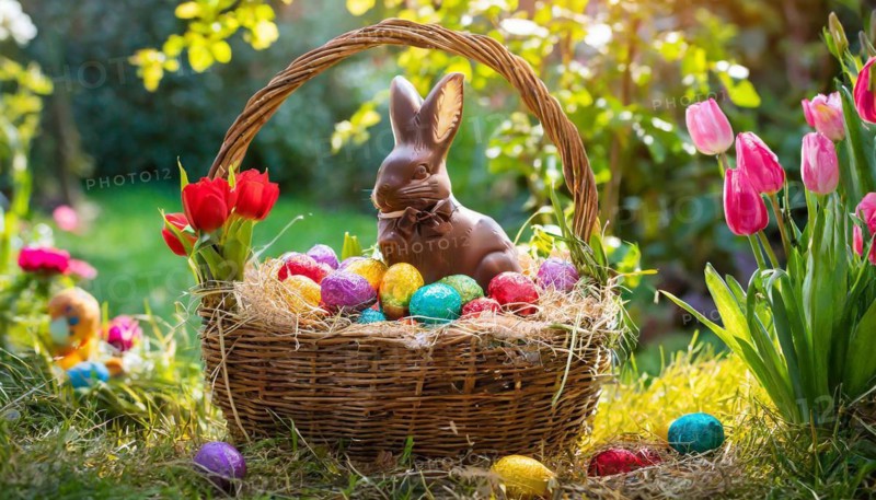 Chocolate Easter bunny in a basket with colourful Easter eggs surrounded by tulips in a sunny garden, symbol of Easter, AI generated, AI generated